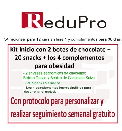 Kit Inicio ReduPro de 2 botes choco.+20 barritas/galletas variadas+4 complementos. con protocolo para PERSONALIZAR, (